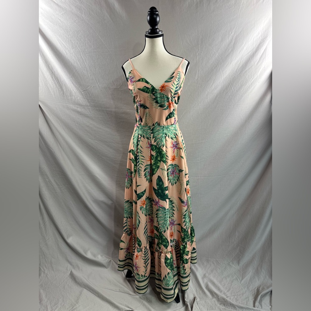 Tropical Print Striped High Slit Spaghetti Strap Maxi Dress - Picture 4 of 7
